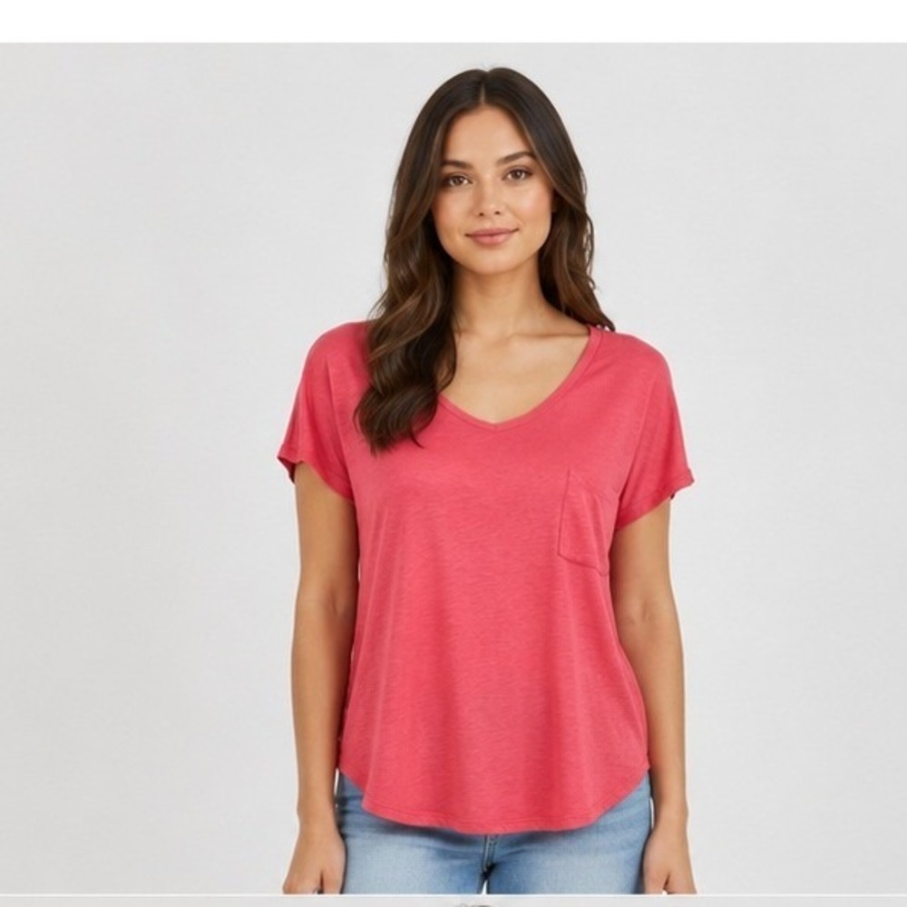 Eileen Fisher Coral Pink 100% Organic Linen V-Neck Pocket Tee Shirt Womens Med